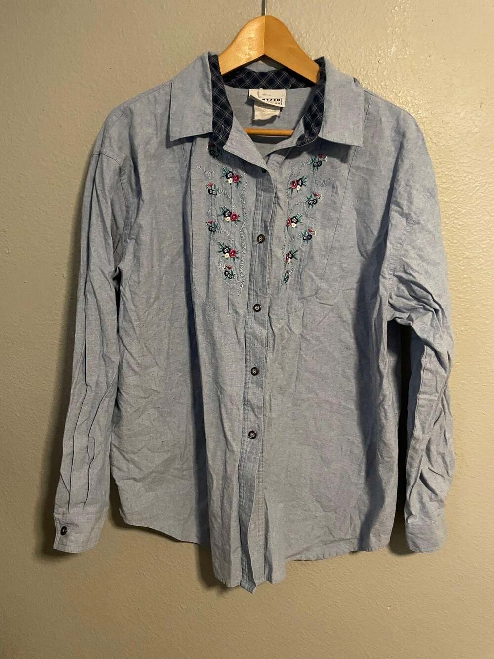 Vintage Jantzen Womens Top Large Chambray Floral Embroidered Cottagecore 90s